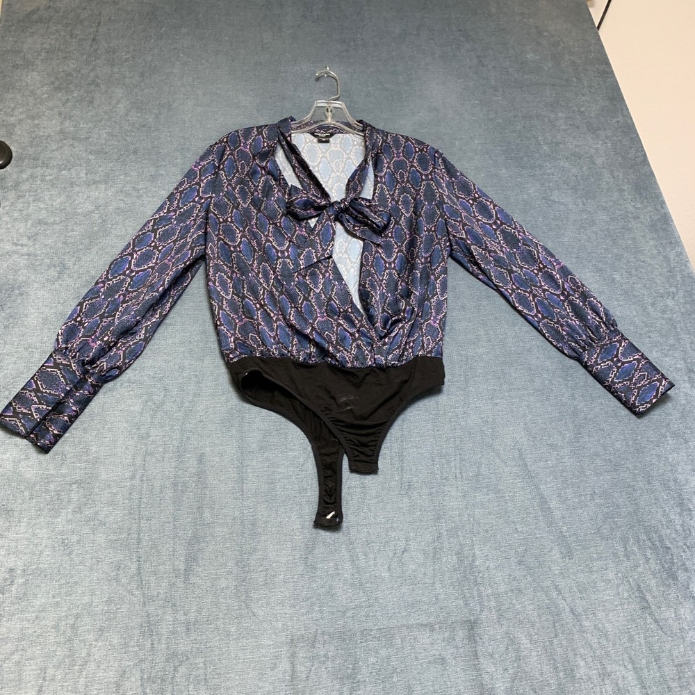 Guess Marciano Animalier Bodysuit Blouse Top Womens XS Blue Purple Long Sleeve